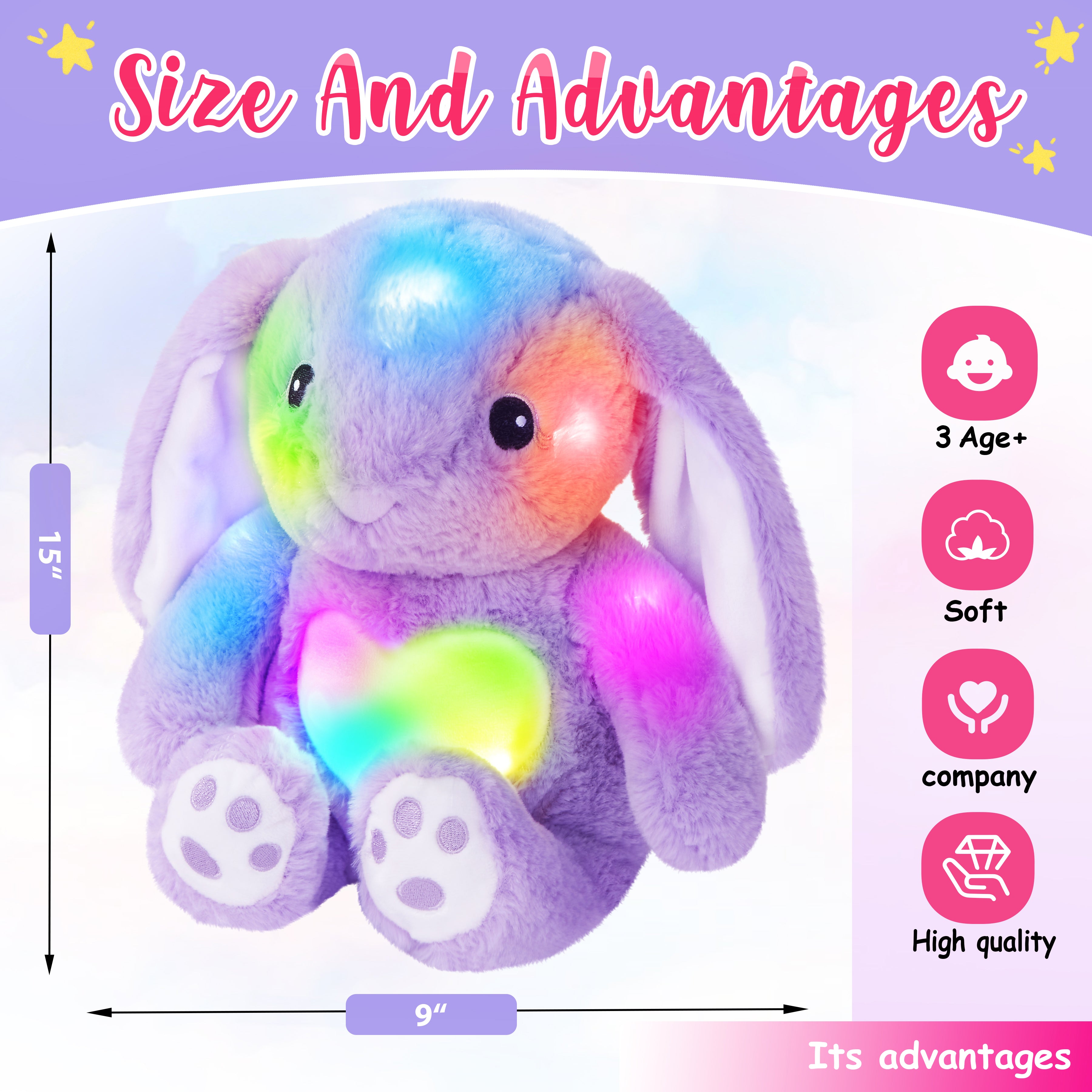 Athoinsu Light up Stuffed Purple Bunny Plush 15'' - Glow Guards