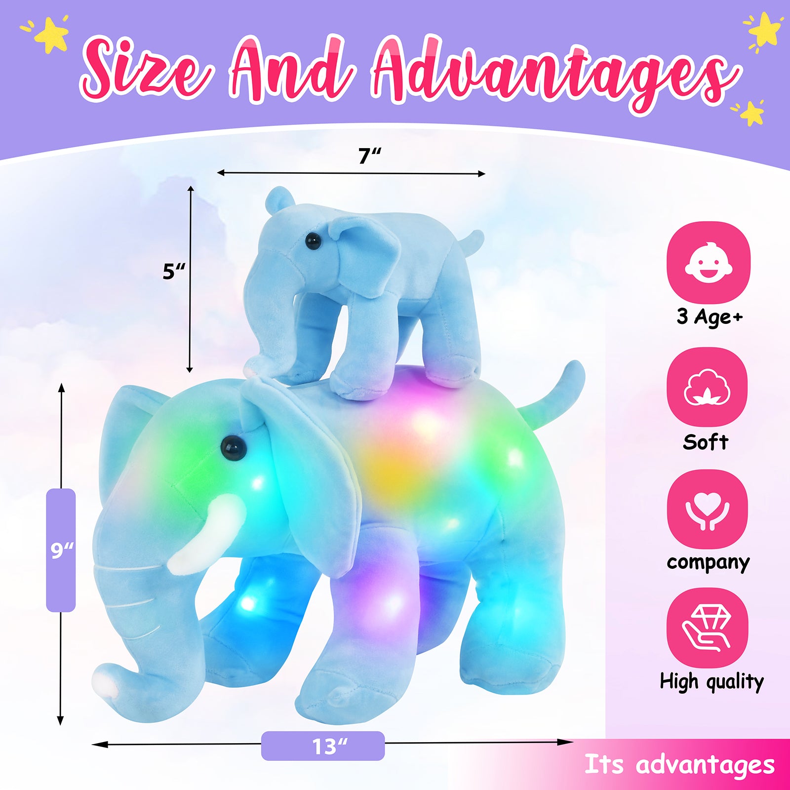 Athoinsu 13'' Light up Stuffed Musical Elephant Plush Mother Baby Animals - Glow Guards