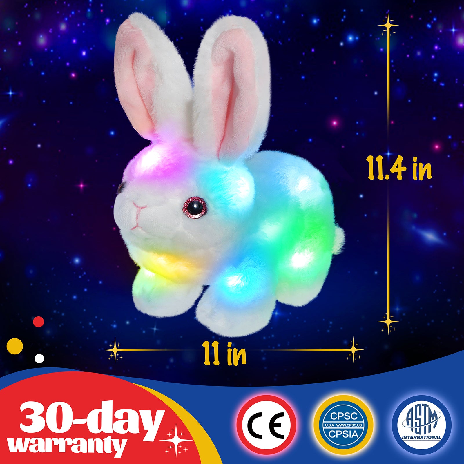 Glow Guards Light up Musical Stuffed Rabbit Soft Pillow Plush with LED Night Lights Bedtime Pal Gifts for Toddler Kids, 11.4 inches