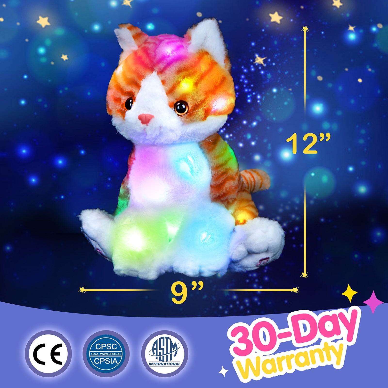 Bstaofy Light up Orange Stripe Cat Stuffed Animal Realistic LED , 15’’ - Glow Guards