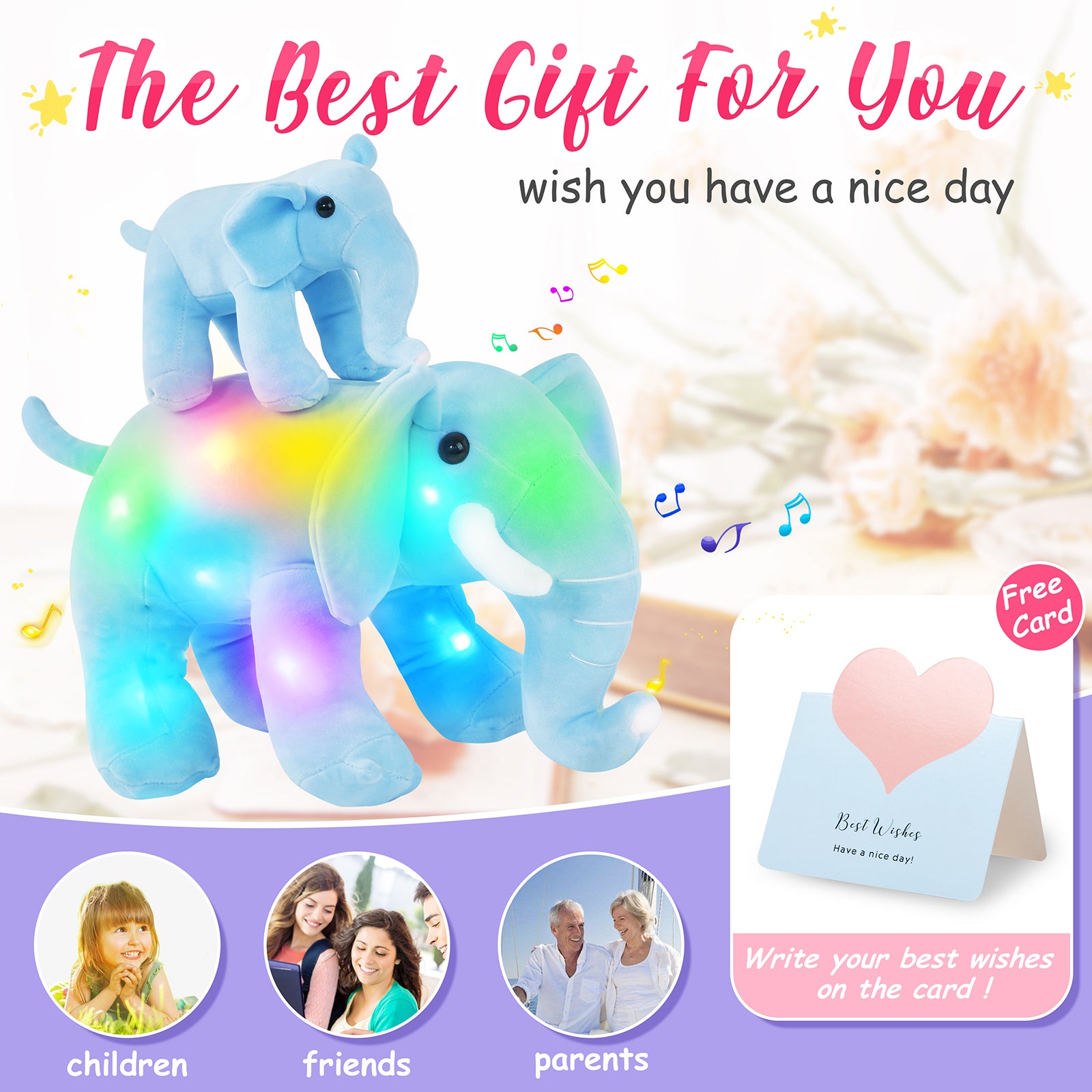 Athoinsu 13'' Light up Stuffed Musical Elephant Plush Mother Baby Animals - Glow Guards