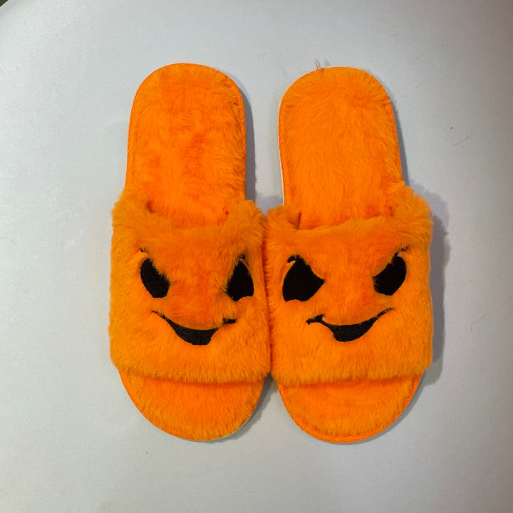 Women Slippers with Cartoon Funny Face Furry Memory Foam Non-slip Rubber Sole Soft Slip on Halloween pumpkin Home Shoes