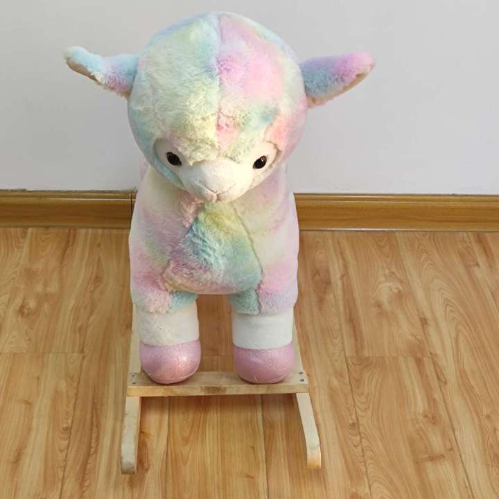 Safe Light up Musical Rainbow Alpaca Rocking Horse Set of 2 with Rainbow Horse Plush Toy Baby Wooden Chair for Toddlers Girls and Babies (Alpaca)