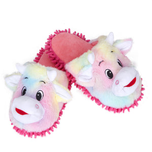 Cute Rainbow Cow Mop Slippers Warm Fuzzy Microfiber Dusting Animal Slippers, Chenille Floor Cleaning Funny Mopping House Shoes Gifts For Girls/Women