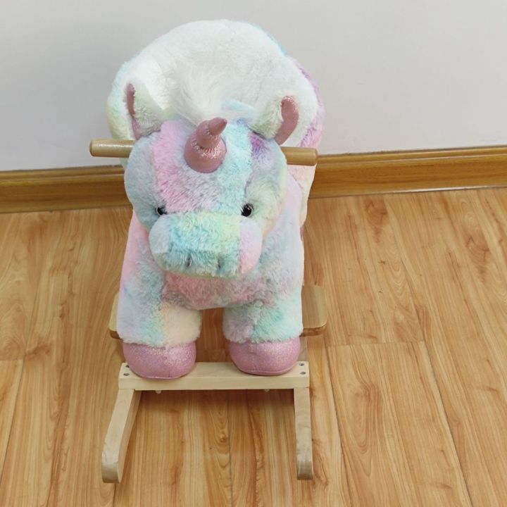 Safe Light up Musical Rainbow Unicorn Cow Rocking Horse Set of 2 with Rainbow Horse Plush Toy Baby Wooden Chair for Toddlers Girls and Babies (Unicorn)