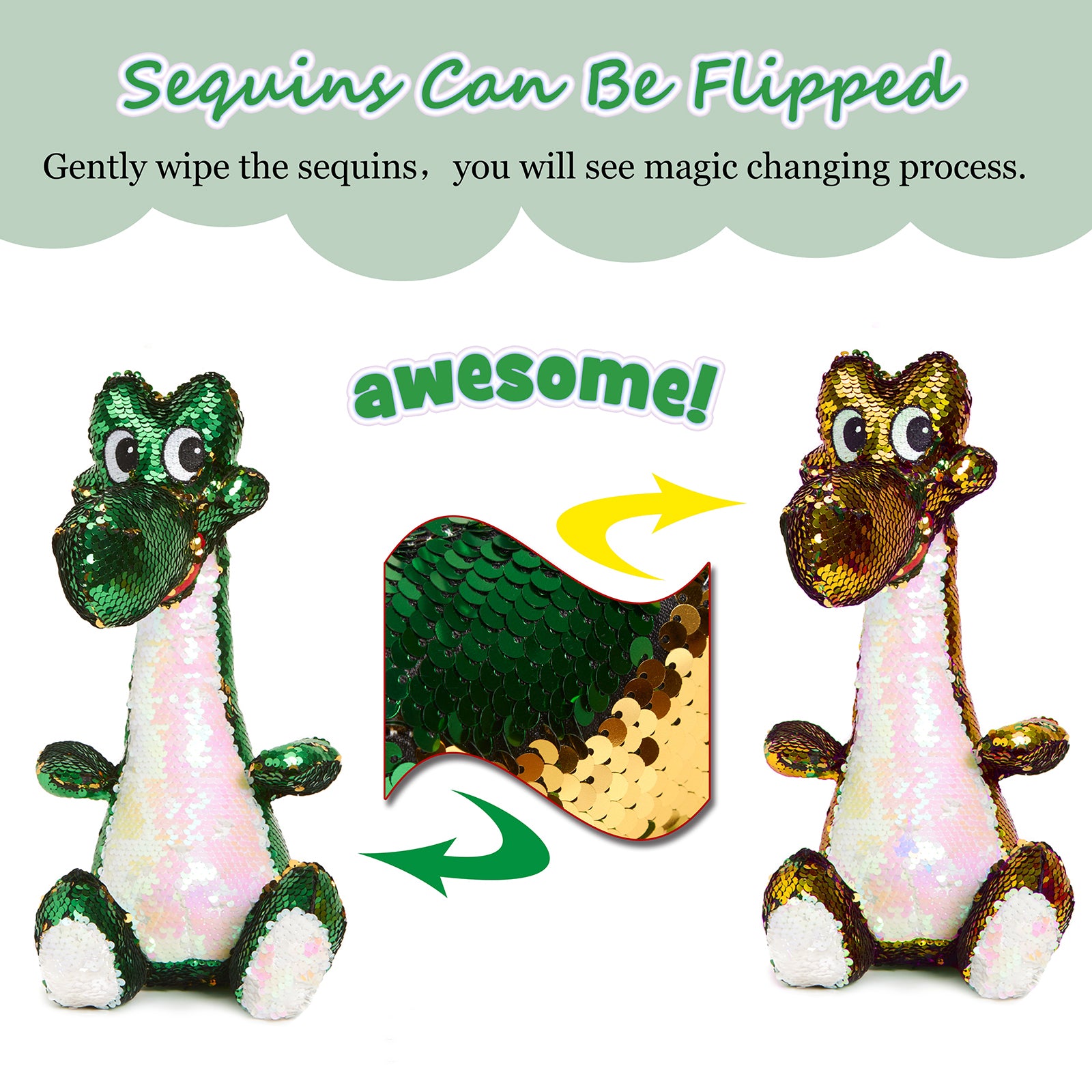 Athoinsu 16'' Sequin Dinosaur Plush Toy Stuffed Animal Jurassic Din - Glow Guards