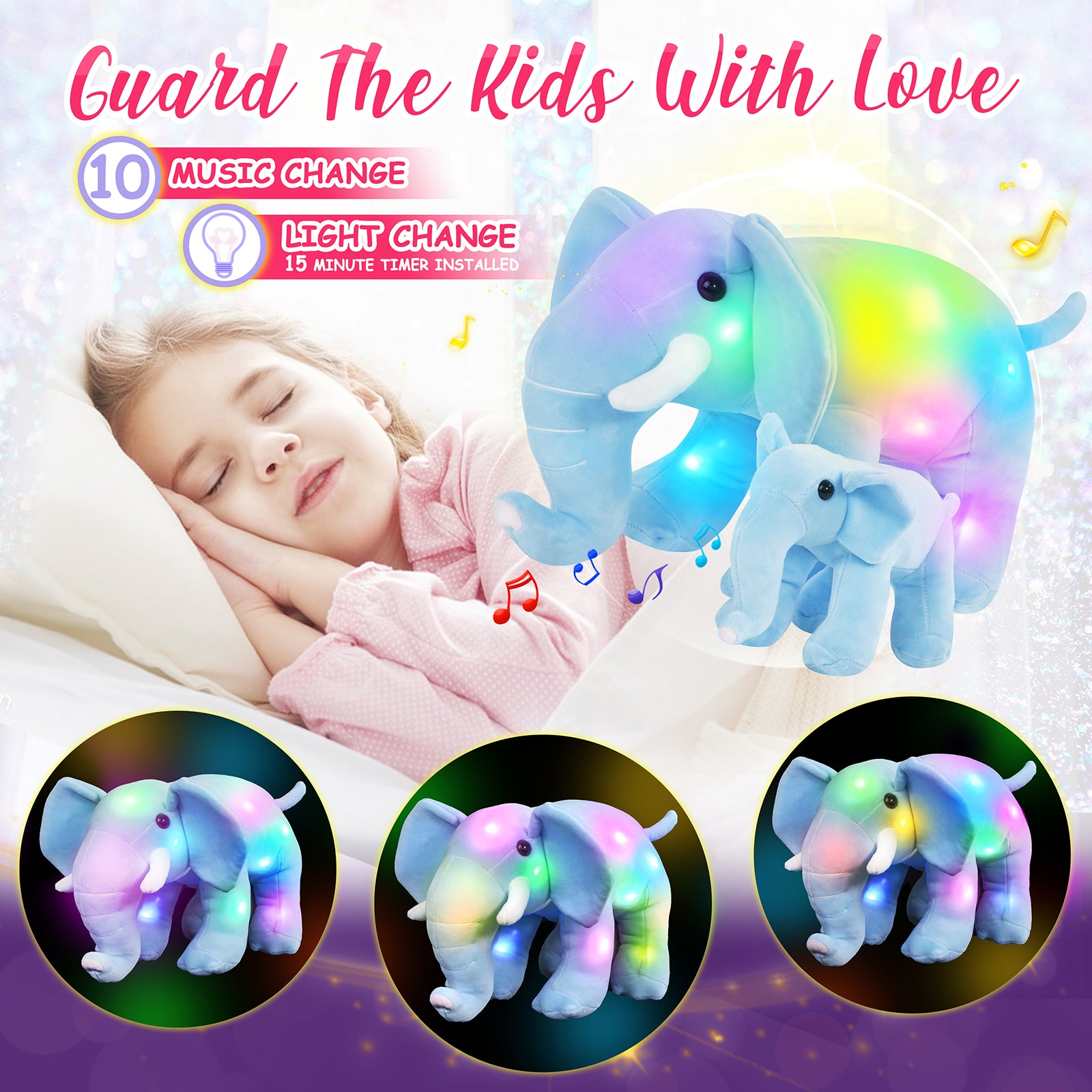 Athoinsu 13'' Light up Stuffed Musical Elephant Plush Mother Baby Animals - Glow Guards