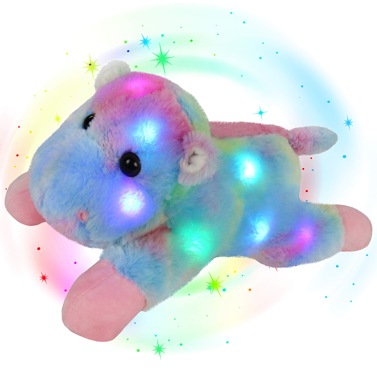 Glow Guards Rainbow Light up Stuffed Hippo LED Wildlife Soft Plush - Glow Guards