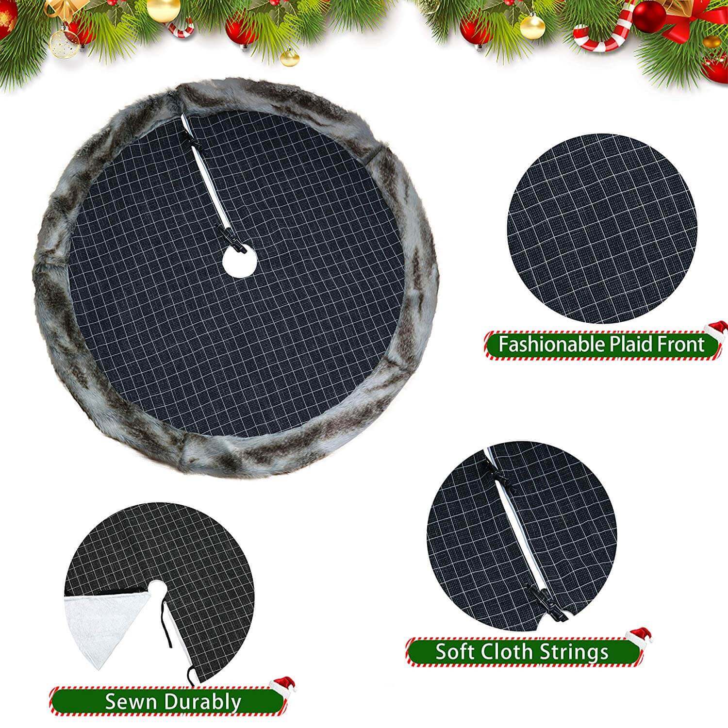 36''/48'' black buffalo Christmas tree skirt fur trim| Bstaofy - Glow Guards