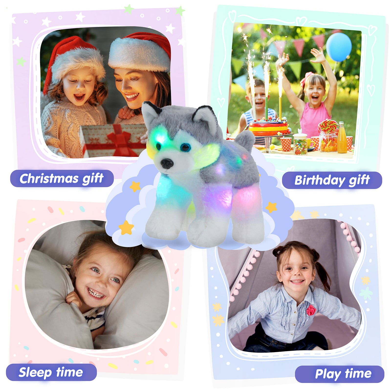 Bstaofy 12'' Musical Light up Husky Puppy Realistic LED Singing Dog Soft Plush Toy - Glow Guards