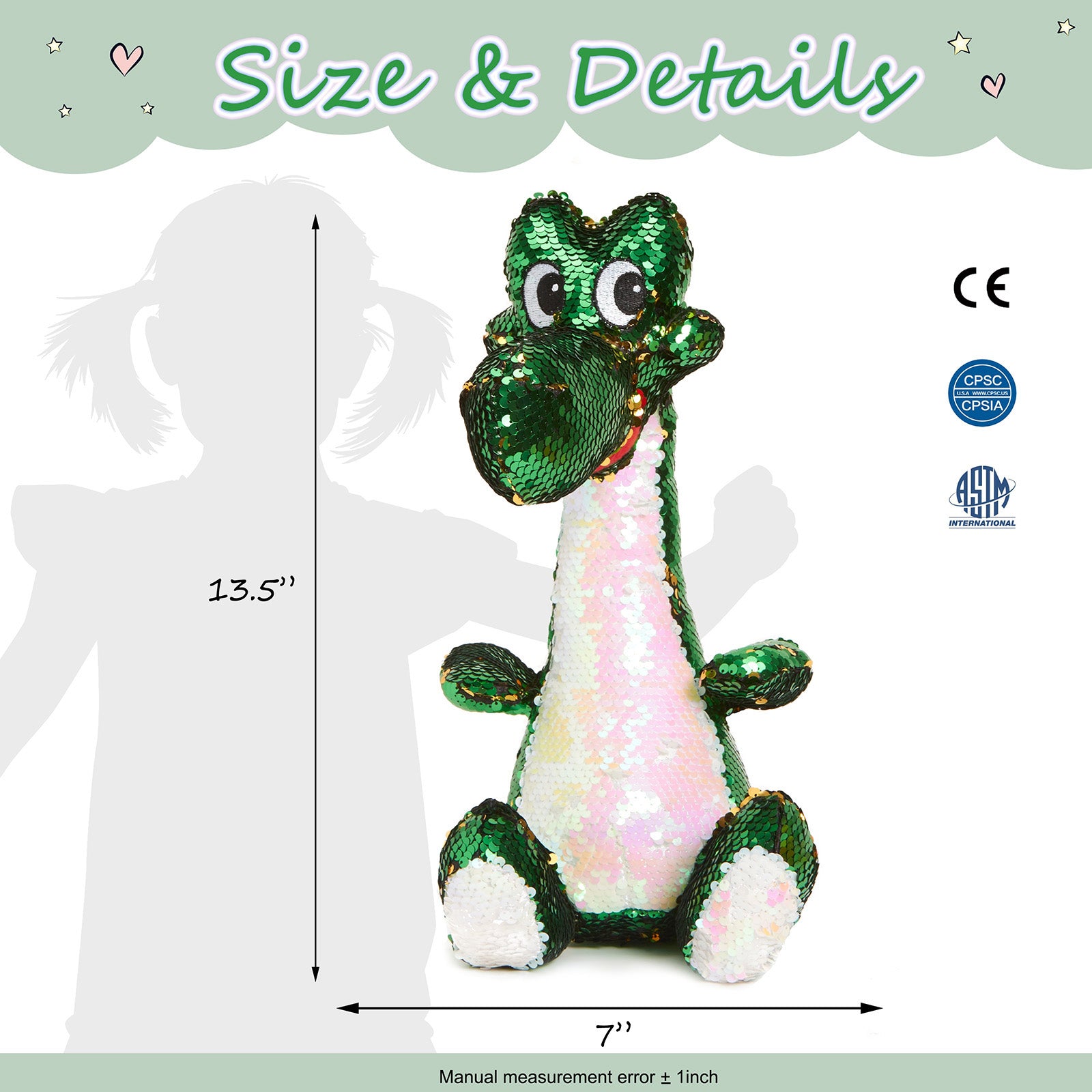 Athoinsu 16'' Sequin Dinosaur Plush Toy Stuffed Animal Jurassic Din - Glow Guards