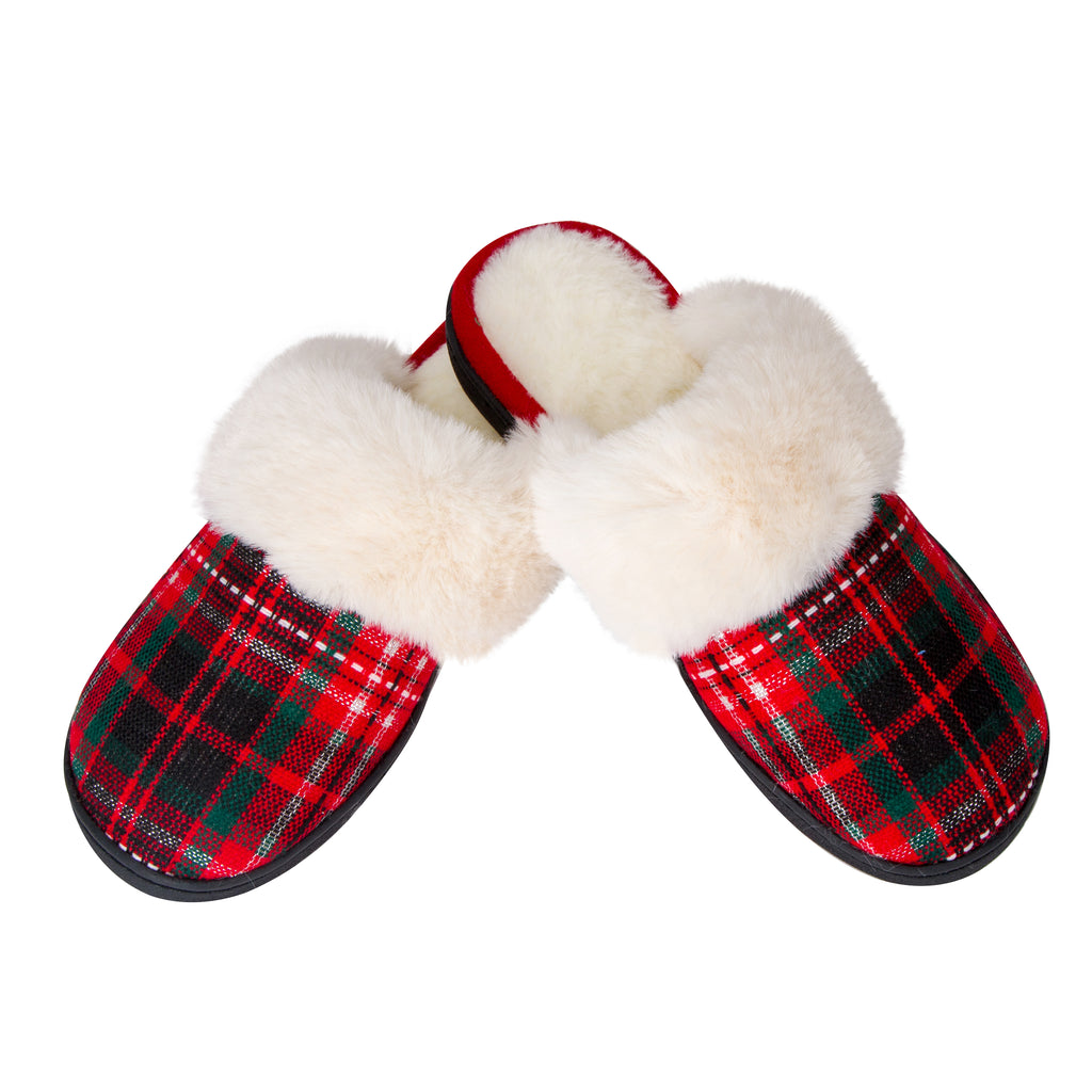 Furry Classical Plaid Slippers for Women Non-Slip Rubber Sole Memory Foam Fuzzy Plush Fluffy House Shoes Outdoor Indoor Christmas Xmas Gifts