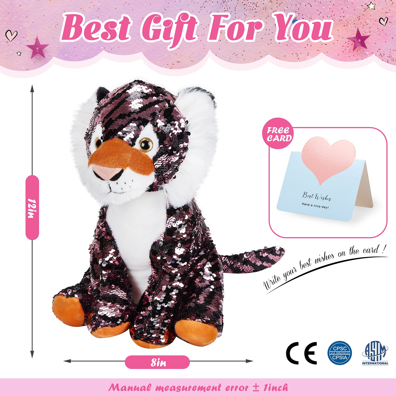 Athoinsu 12'' Sequin Tiger Plush Toy Stuffed Animal - Glow Guards