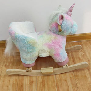 Safe Light up Musical Rainbow Unicorn Cow Rocking Horse Set of 2 with Rainbow Horse Plush Toy Baby Wooden Chair for Toddlers Girls and Babies (Unicorn)