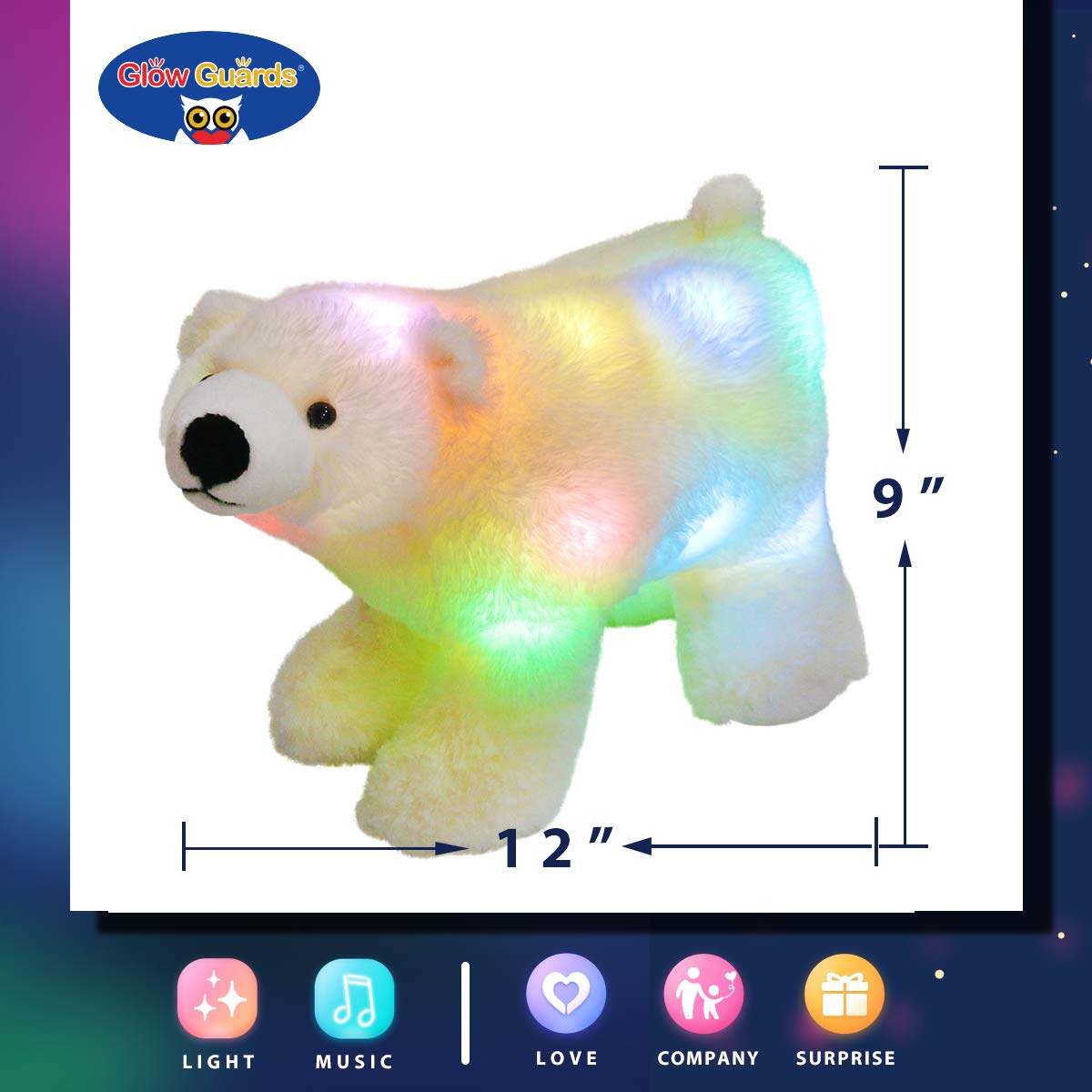 Glow Guards Musical Light up Stuffed Polar Bear Singing Soft Plush Toy, 12’’ - Glow Guards