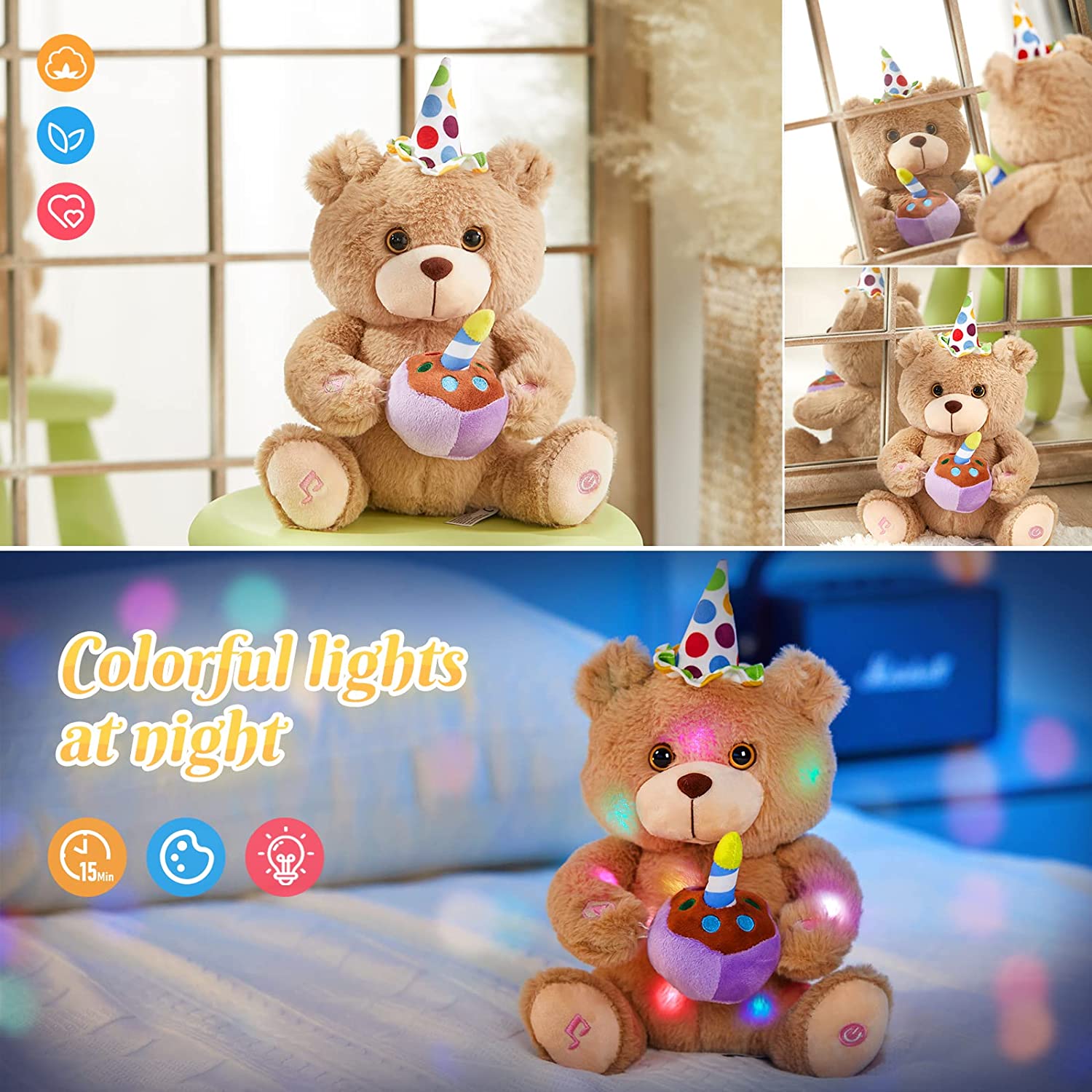 Glow Guards 12" Happy Birthday Teddy Bear Stuffed Animal with Cupcake and Candle Light up Electric Recordable Glowing Musical Singing Soft Plush Toy Christmas Birthday Gift for Kids, Brown