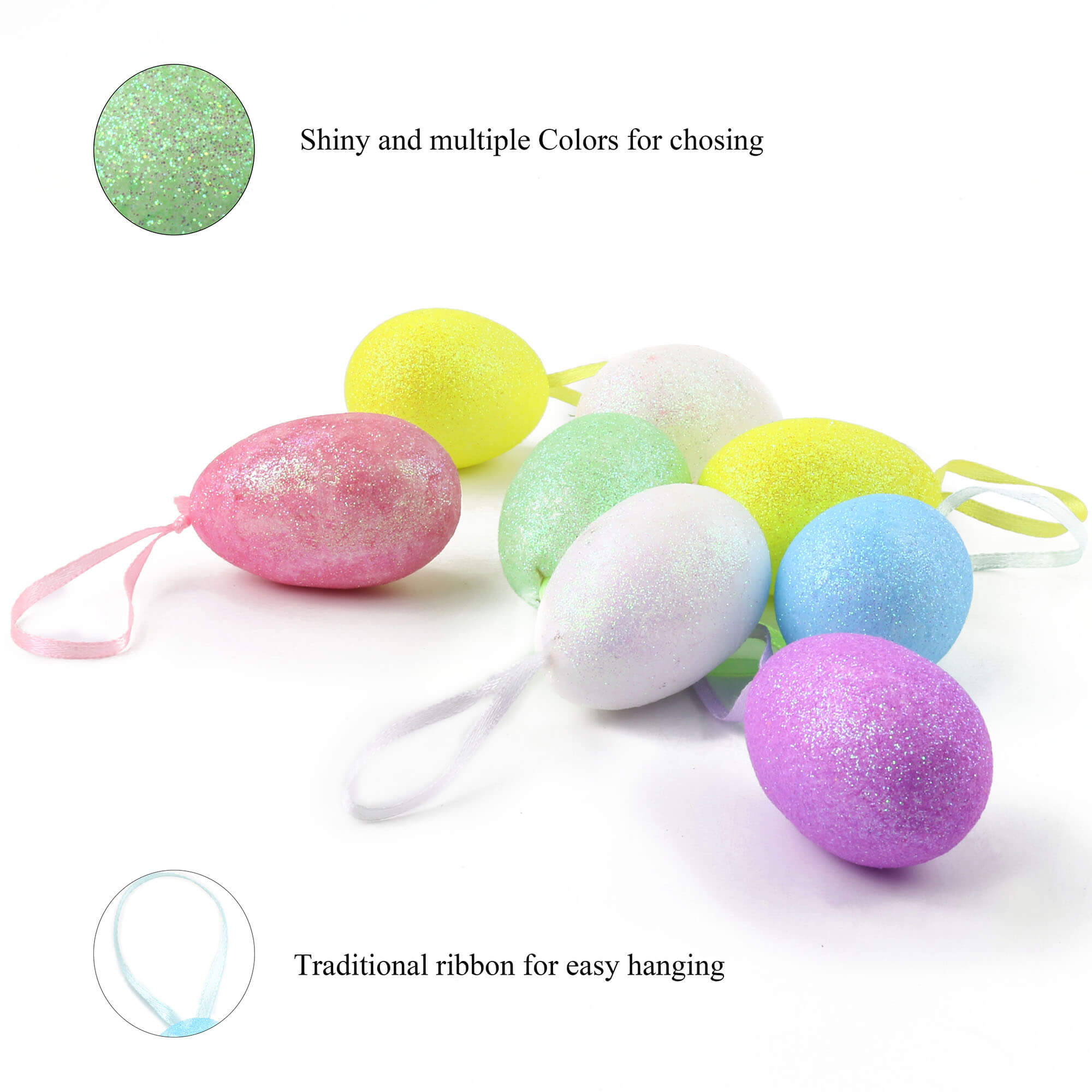 8 pcs Easter foam eggs  glitter decor hang ornament, 2.5'' | Bstaofy - Glow Guards
