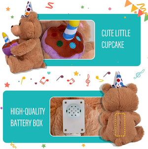 Glow Guards 12" Happy Birthday Teddy Bear Stuffed Animal with Cupcake and Candle Light up Electric Recordable Glowing Musical Singing Soft Plush Toy Christmas Birthday Gift for Kids, Brown