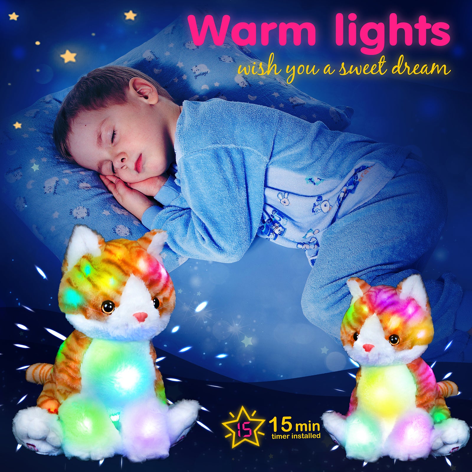 Bstaofy Light up Orange Stripe Cat Stuffed Animal Realistic LED , 15’’ - Glow Guards