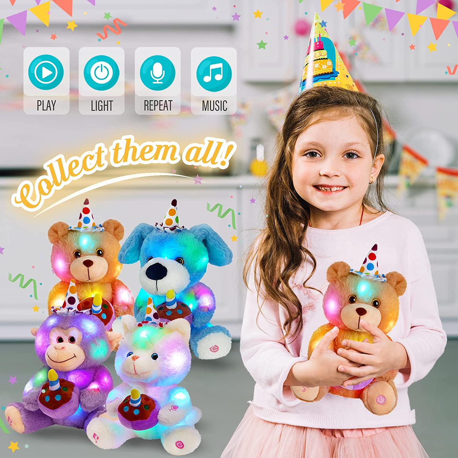 Glow Guards 12" Happy Birthday Teddy Bear Stuffed Animal with Cupcake and Candle Light up Electric Recordable Glowing Musical Singing Soft Plush Toy Christmas Birthday Gift for Kids, Brown