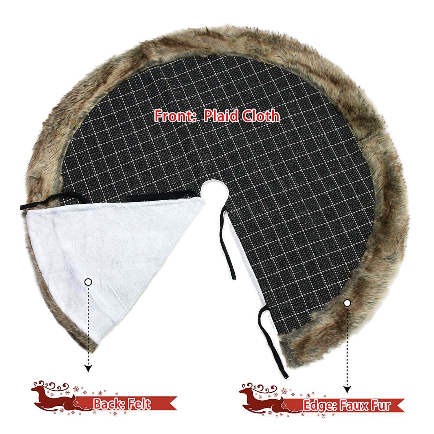 36''/48'' black buffalo Christmas tree skirt fur trim| Bstaofy - Glow Guards