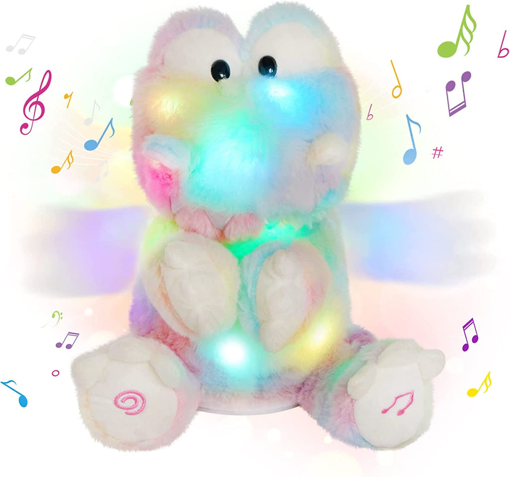 Glow Guards 11" Electronic Clapping Light Up Dinosaur Toy Singing Stuffed Animal Plush Rainbow Dino Doll Soft Gifts for Decors Birthdays Kids