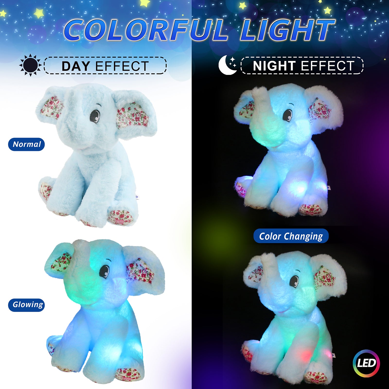 Bstaofy Light up Elephant Plush Blue Cozy Floppy LED Stuffed - Glow Guards