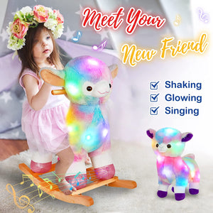 Glow Guards Baby Rocking Horse Plush Stuffed Alpaca Rocker , Musical Light up Wooden Riding Toys for Ages 1-3 Toddlers Kids Babies Ride Toy Gift (Alpaca)