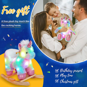 Glow Guards Baby Rocking Horse Plush Stuffed Unicorn Rocker， Musical Light up Wooden Riding Toys for Ages 1-3 Toddlers Kids Babies Ride Toy Gift (Unicorn)