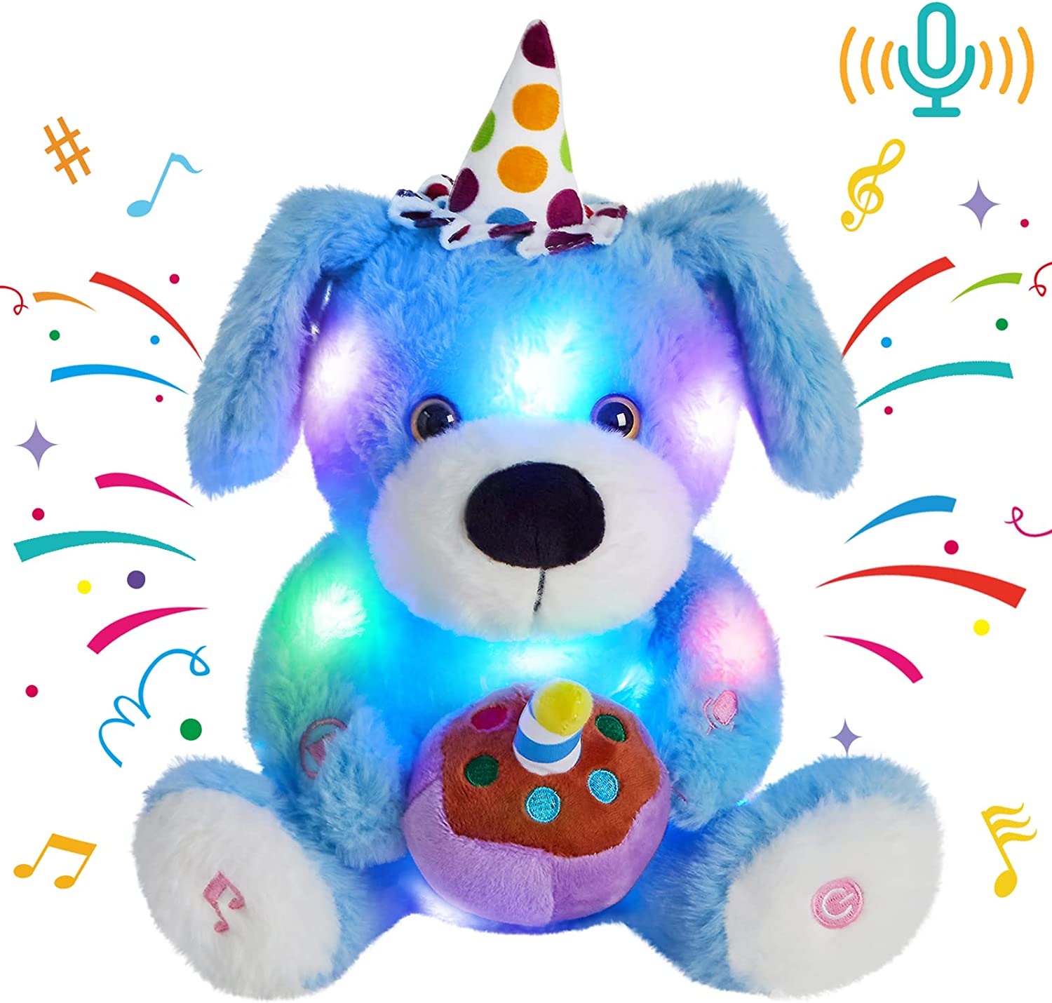 Glow Guards 12" Happy Birthday LED Dog Stuffed Animal Electric Recordable Glowing Musical Puppy Singing Soft Plush Toy Children’s Day Gift for Kids, Blue