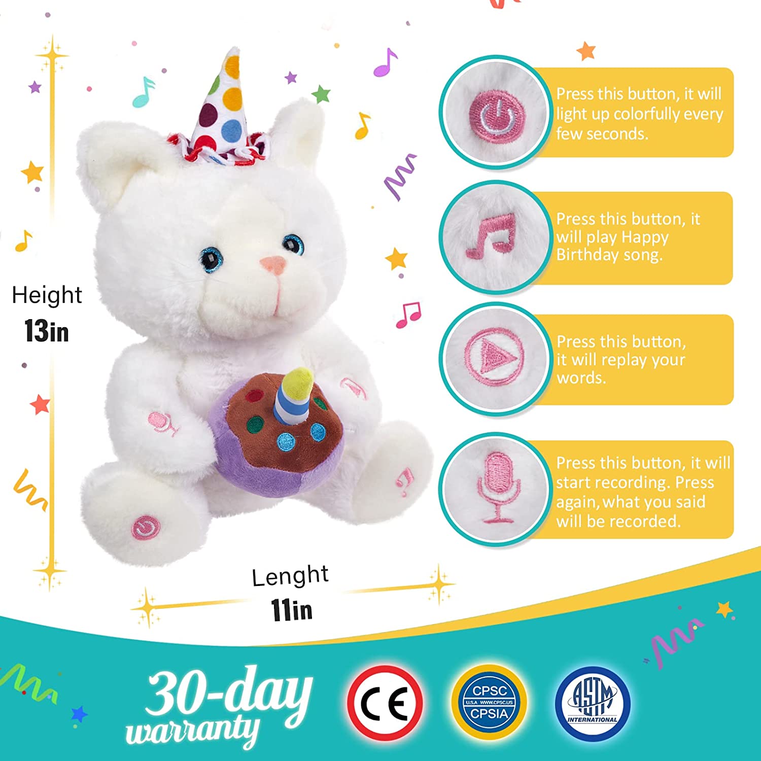 Glow Guards 12" Happy Birthday LED Cat Stuffed Animal Electric Recordable Glowing Musical Kitty Singing Soft Plush Toy Children’s Day Gift for Kids, White