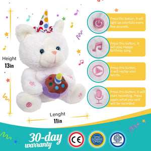 Glow Guards 12" Happy Birthday LED Cat Stuffed Animal Electric Recordable Glowing Musical Kitty Singing Soft Plush Toy Children’s Day Gift for Kids, White
