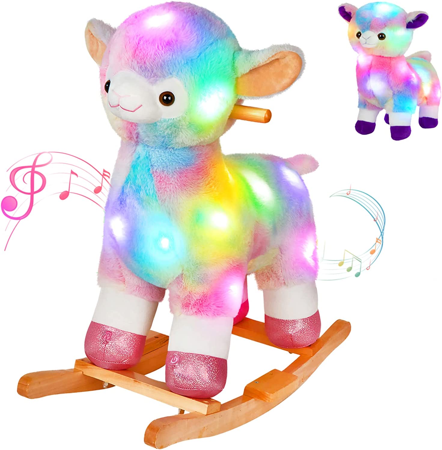 Glow Guards Baby Rocking Horse Plush Stuffed Alpaca Rocker , Musical Light up Wooden Riding Toys for Ages 1-3 Toddlers Kids Babies Ride Toy Gift (Alpaca)