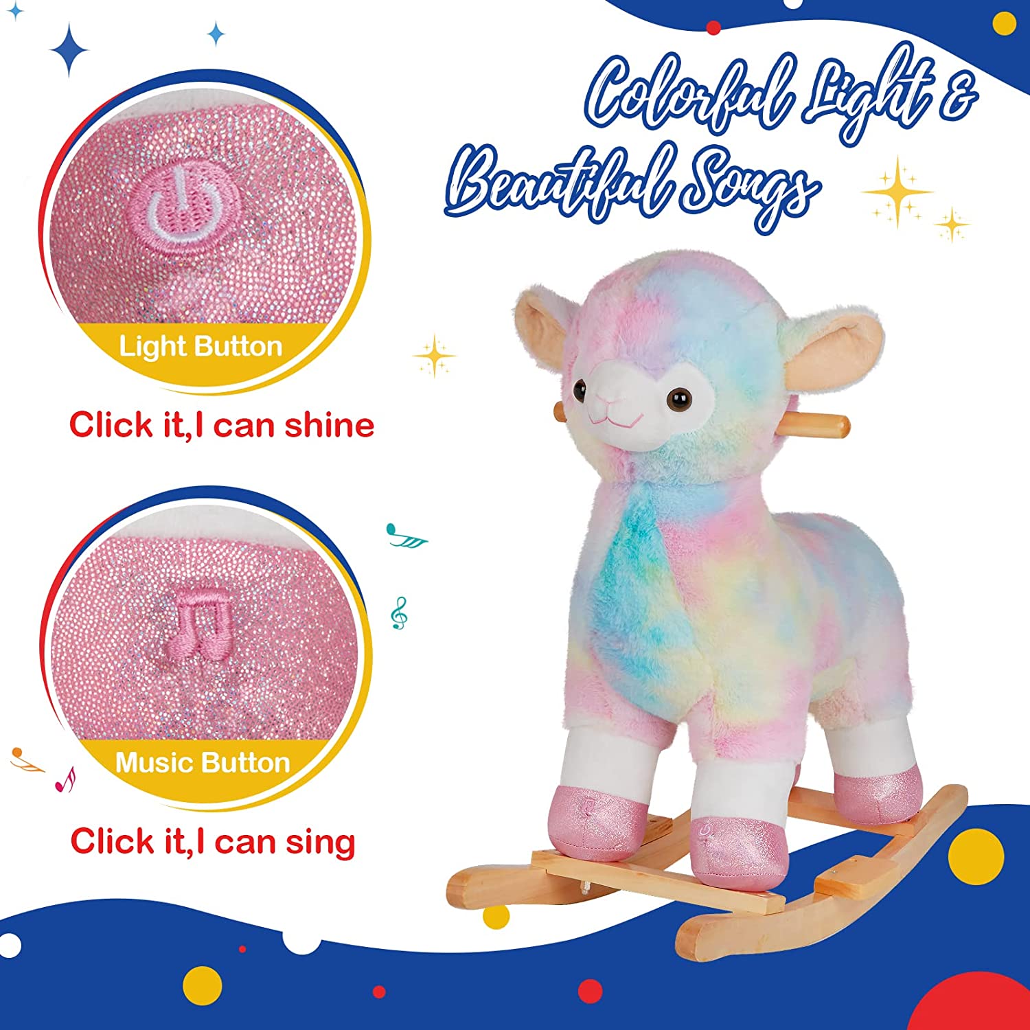 Glow Guards Baby Rocking Horse Plush Stuffed Alpaca Rocker , Musical Light up Wooden Riding Toys for Ages 1-3 Toddlers Kids Babies Ride Toy Gift (Alpaca)