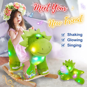 Glow Guards Rocking Horse Light up Plush Stuffed Dinosaur Rocker,Musical Wooden Riding Toys for Ages 1-3 Plush Toddlers Babies Ride Toy Gift (Dinosaur)