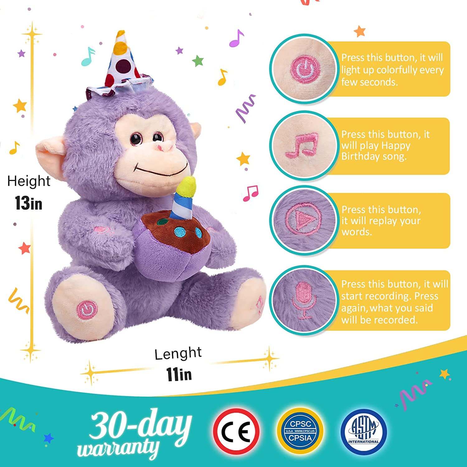 Glow Guards 12" Happy Birthday LED Monkey Stuffed Animal Electric Recordable Glowing Musical Doll Singing Soft Plush Toy for Kids, Purple