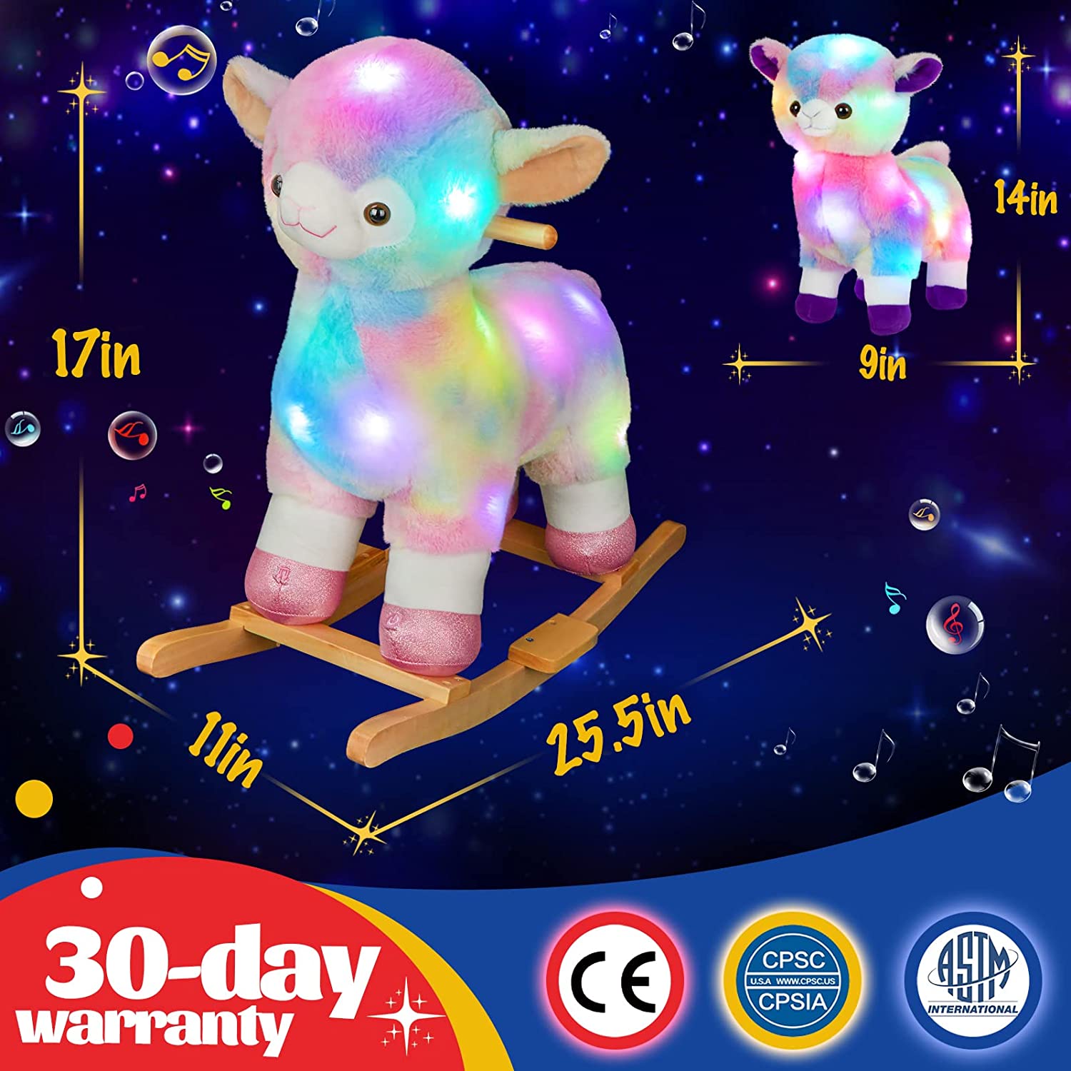 Glow Guards Baby Rocking Horse Plush Stuffed Alpaca Rocker , Musical Light up Wooden Riding Toys for Ages 1-3 Toddlers Kids Babies Ride Toy Gift (Alpaca)