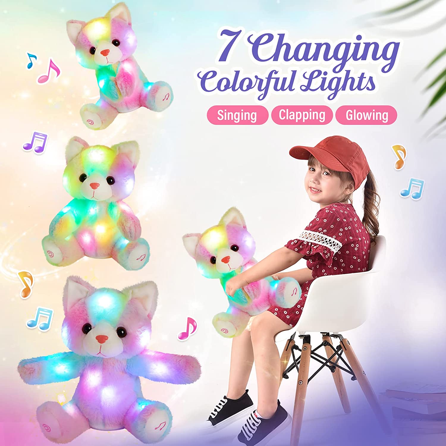 Glow Guards 11" Electronic Clapping Light Up Kitty Toy Singing Stuffed Animal Plush Rainbow Cat Doll Soft Gifts for Decors Birthdays Kids