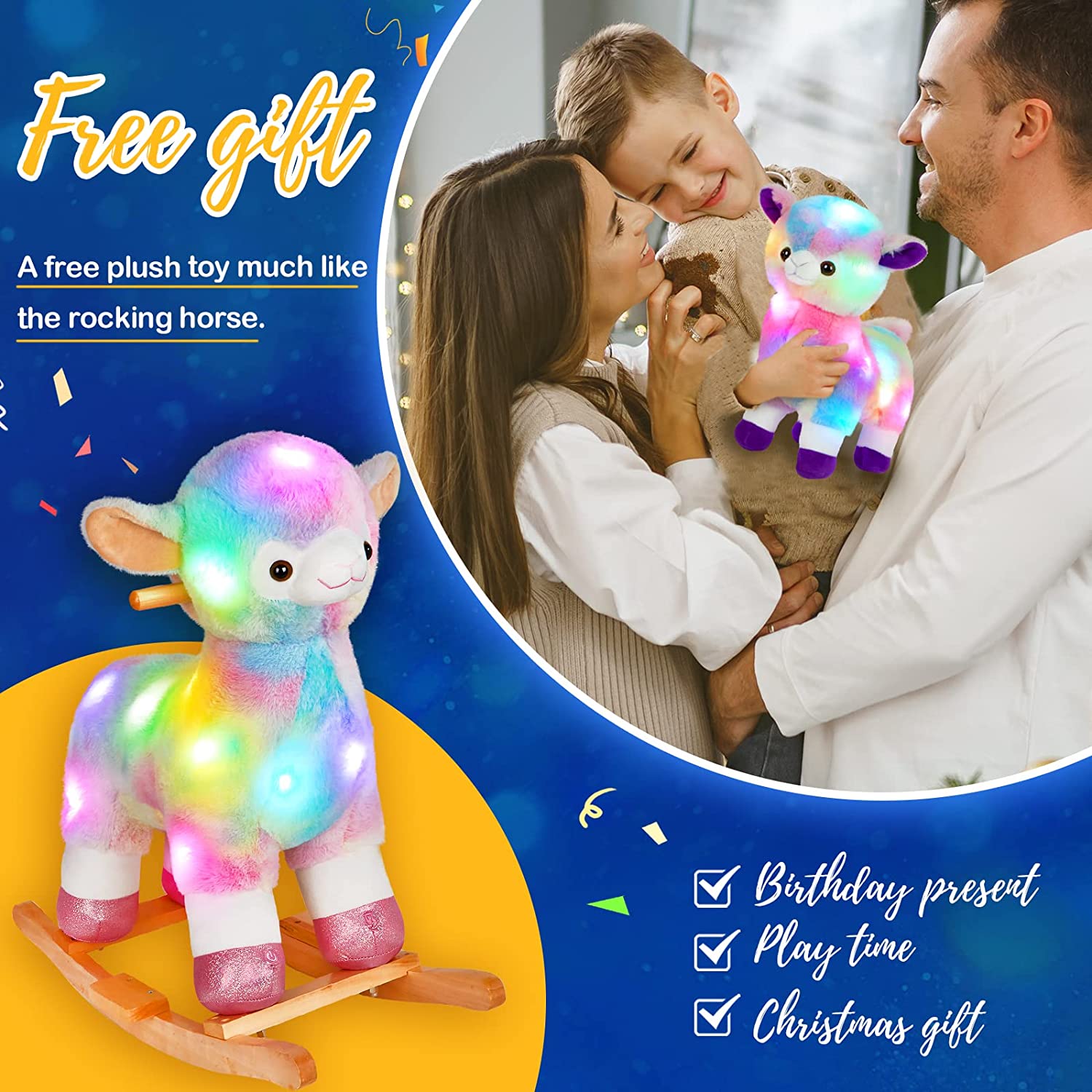 Glow Guards Baby Rocking Horse Plush Stuffed Alpaca Rocker , Musical Light up Wooden Riding Toys for Ages 1-3 Toddlers Kids Babies Ride Toy Gift (Alpaca)