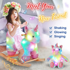 Glow Guards Baby Rocking Horse Plush Stuffed Unicorn Rocker， Musical Light up Wooden Riding Toys for Ages 1-3 Toddlers Kids Babies Ride Toy Gift (Unicorn)