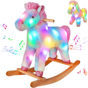 Glow Guards Baby Rocking Horse Stuffed Horse Rocker, Musical Light up Wooden Riding Toys for Ages 3-6 Plush Toddlers Kids Babies Ride Toy Gift (Horse)