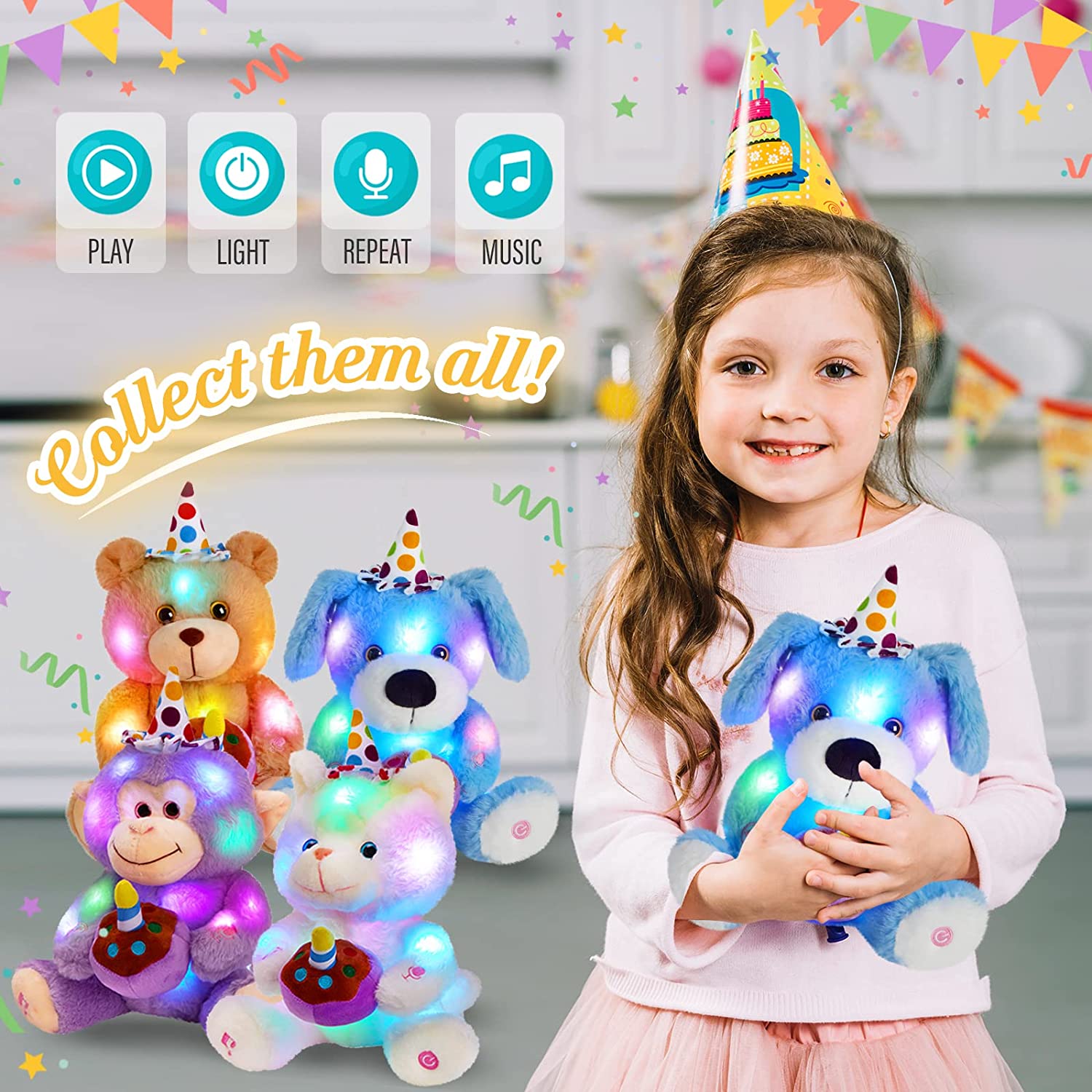 Glow Guards 12" Happy Birthday LED Dog Stuffed Animal Electric Recordable Glowing Musical Puppy Singing Soft Plush Toy Children’s Day Gift for Kids, Blue