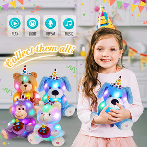 Glow Guards 12" Happy Birthday LED Dog Stuffed Animal Electric Recordable Glowing Musical Puppy Singing Soft Plush Toy Children’s Day Gift for Kids, Blue