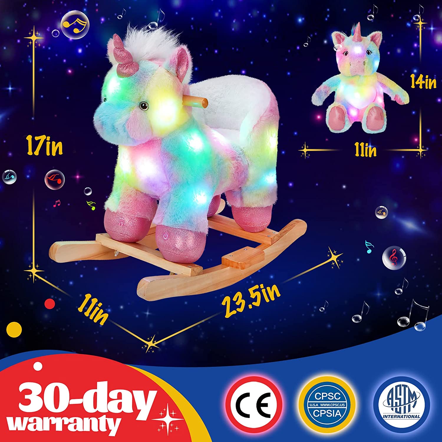 Glow Guards Baby Rocking Horse Plush Stuffed Unicorn Rocker， Musical Light up Wooden Riding Toys for Ages 1-3 Toddlers Kids Babies Ride Toy Gift (Unicorn)
