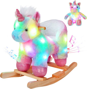Glow Guards Baby Rocking Horse Plush Stuffed Unicorn Rocker， Musical Light up Wooden Riding Toys for Ages 1-3 Toddlers Kids Babies Ride Toy Gift (Unicorn)
