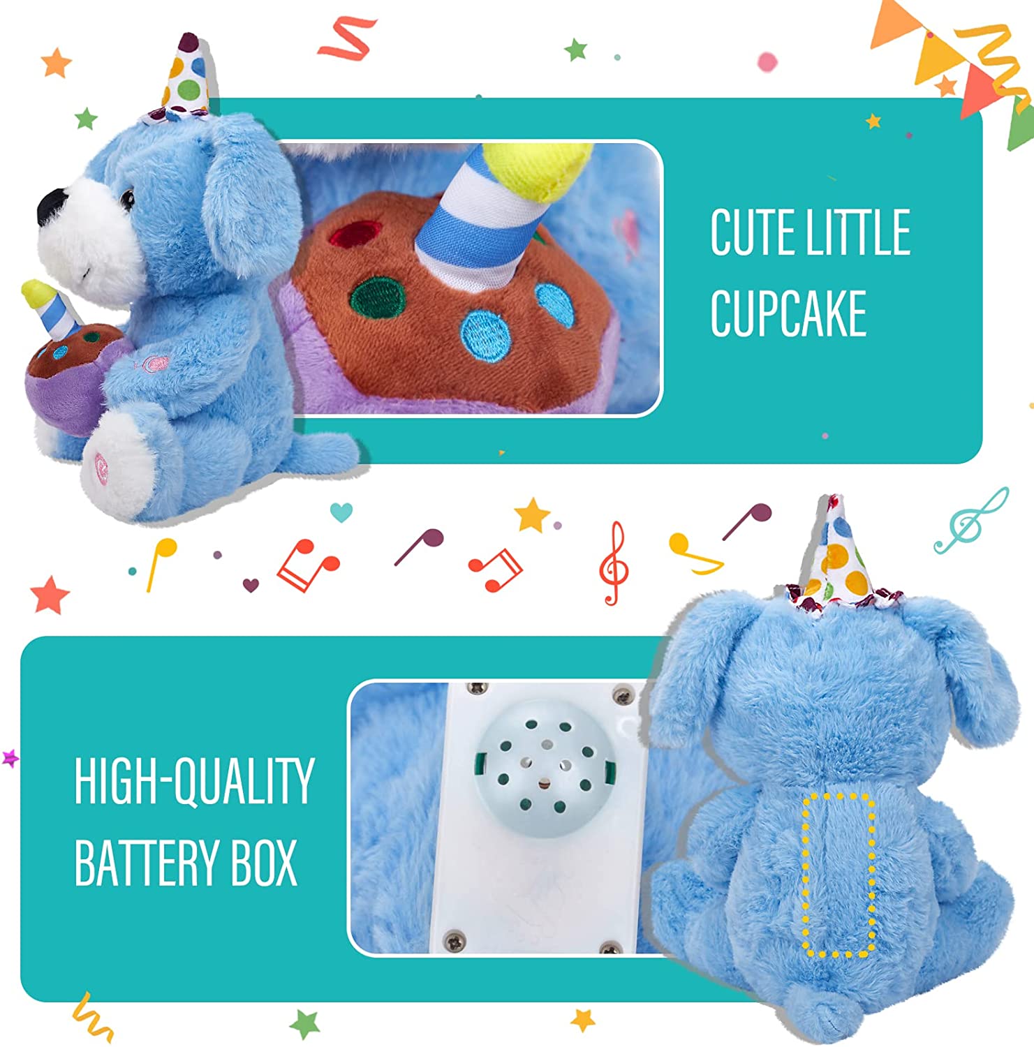 Glow Guards 12" Happy Birthday LED Dog Stuffed Animal Electric Recordable Glowing Musical Puppy Singing Soft Plush Toy Children’s Day Gift for Kids, Blue