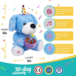 Glow Guards 12" Happy Birthday LED Dog Stuffed Animal Electric Recordable Glowing Musical Puppy Singing Soft Plush Toy Children’s Day Gift for Kids, Blue