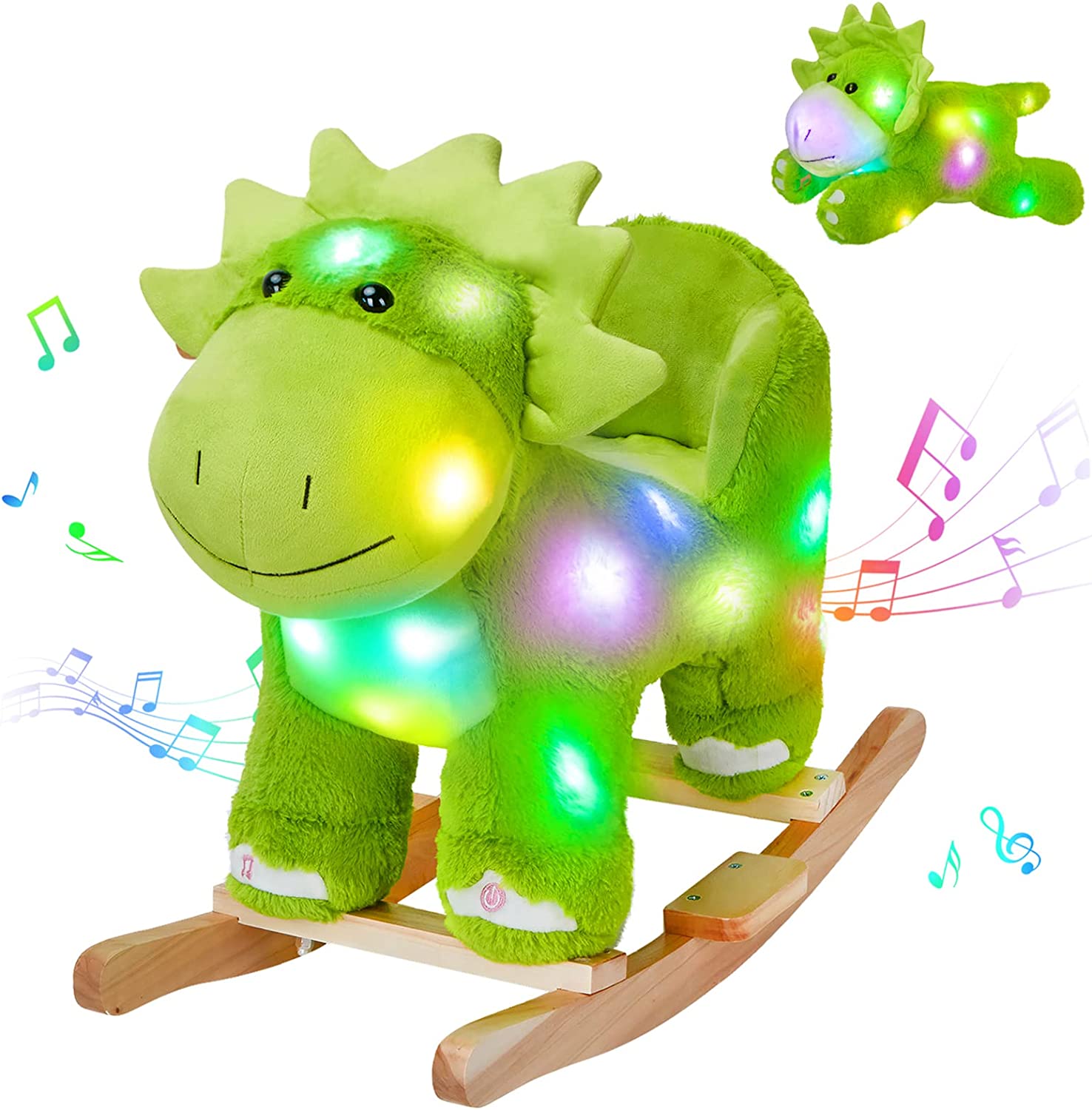 Glow Guards Rocking Horse Light up Plush Stuffed Dinosaur Rocker,Musical Wooden Riding Toys for Ages 1-3 Plush Toddlers Babies Ride Toy Gift (Dinosaur)