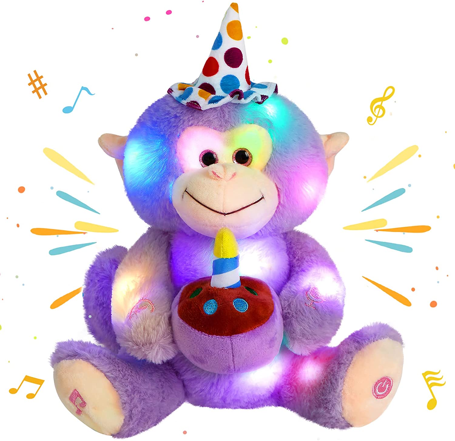 Glow Guards 12" Happy Birthday LED Monkey Stuffed Animal Electric Recordable Glowing Musical Doll Singing Soft Plush Toy for Kids, Purple