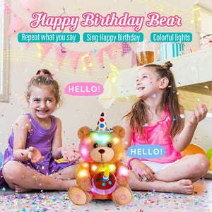 Glow Guards 12" Happy Birthday Teddy Bear Stuffed Animal with Cupcake and Candle Light up Electric Recordable Glowing Musical Singing Soft Plush Toy Christmas Birthday Gift for Kids, Brown